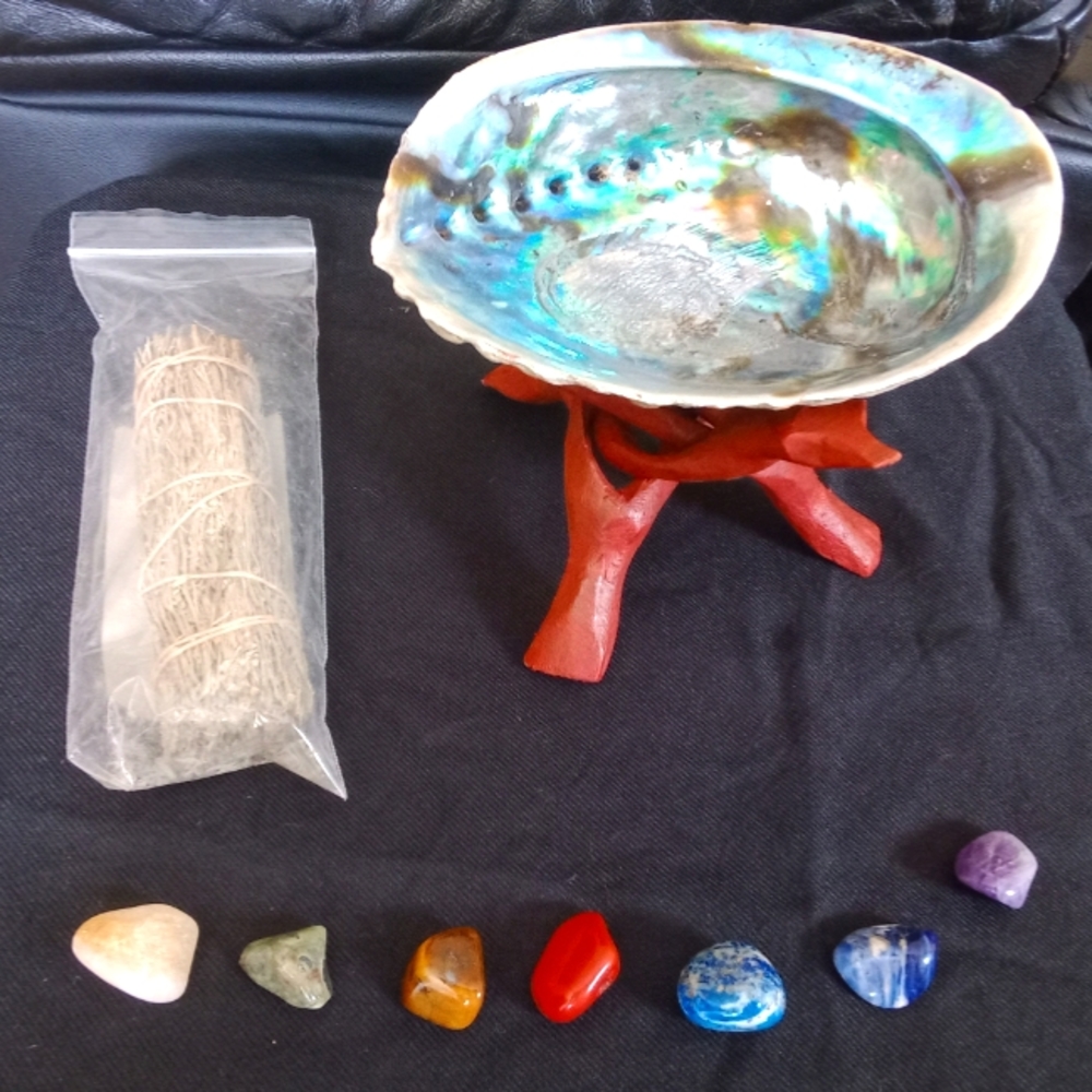 Seven Chakras Stones, Abalone Shell with stand Smudging Kit